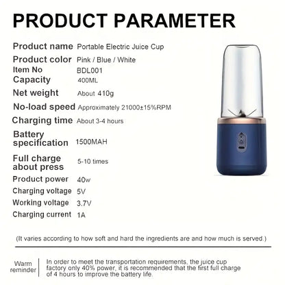 Portable 2-in-1 Juicer | Rechargeable, Compact Food-Grade Cup for Personal & Family Use | 6 Blades, USB Charging | Durable & Easy to Carry | Perfect for Smoothies, Shakes, Iced Drinks | Ideal Gift for Valentine’s, Christmas & Mother’s Day