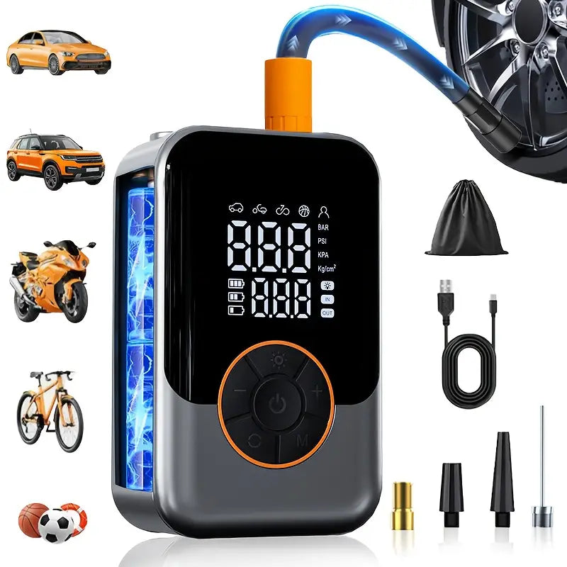 Portable Wireless Air Compressor Tire Inflator- with Digital Pressure Gauge, Emergency LED Light, 4x Fast Cordless Design| Equipped with Rechargeable Battery| Digital Display Tire Air Pump, Suitable for Car